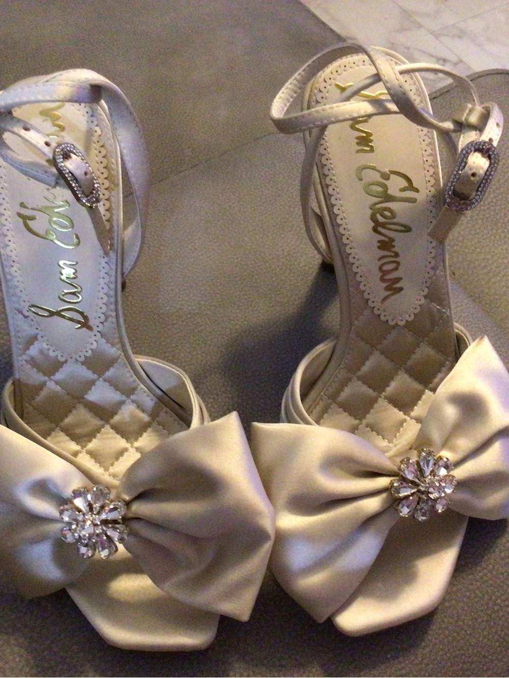 Sam Edelman Ivory Satin Bow Crystal Sandals